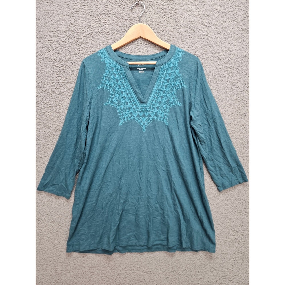 Pure Jill Embroidered Knit Tunic M Teal Blue Cotton Boho Slub 3/4 Sleeve Top